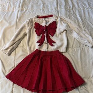 Max Studio Red and White Bow Cardigan and Skirt Set
